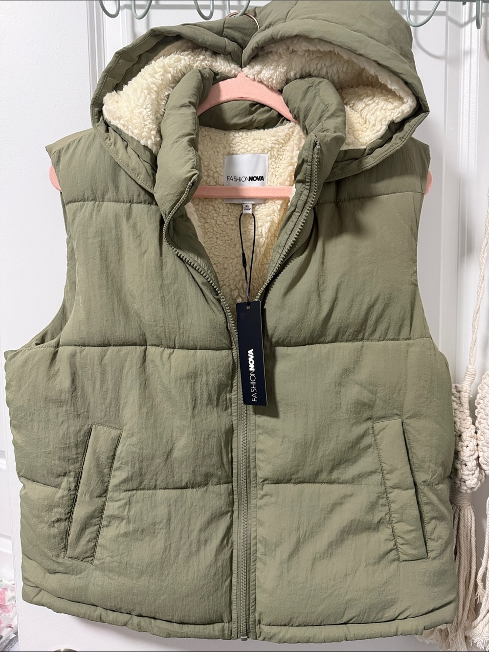 Brand New with Tags Fashion Nova Sage Green Puffer Vest with Sherpa Hood size XL